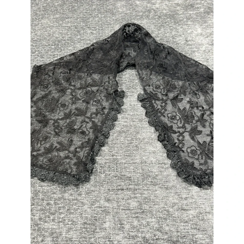 Oscar de la Renta Studio Black Floral Lace Scarf Wrap Mantilla Sheer Embroidered